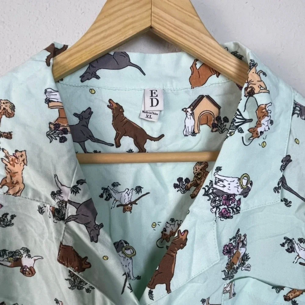ED by Ellen Nightgown Top Dog Print Button‎ Down Women's XL Sage